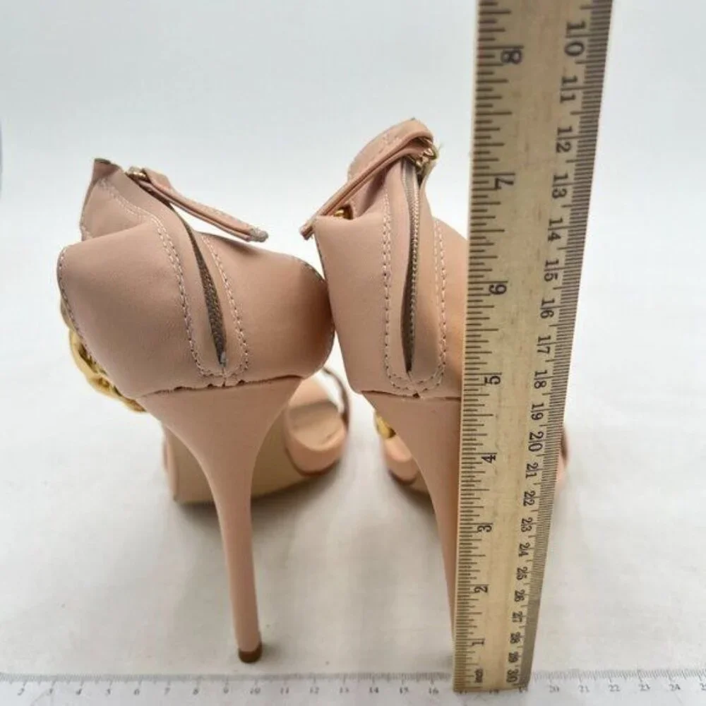 FSJ Nude T-Straps High Heel Sandals Golden Chains Open Toe Ankle Straps Shoes - Picture 5 of 8